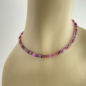 Pink and Purple Seed Bead Choker; Multi Color, Boho, 70s Vibe